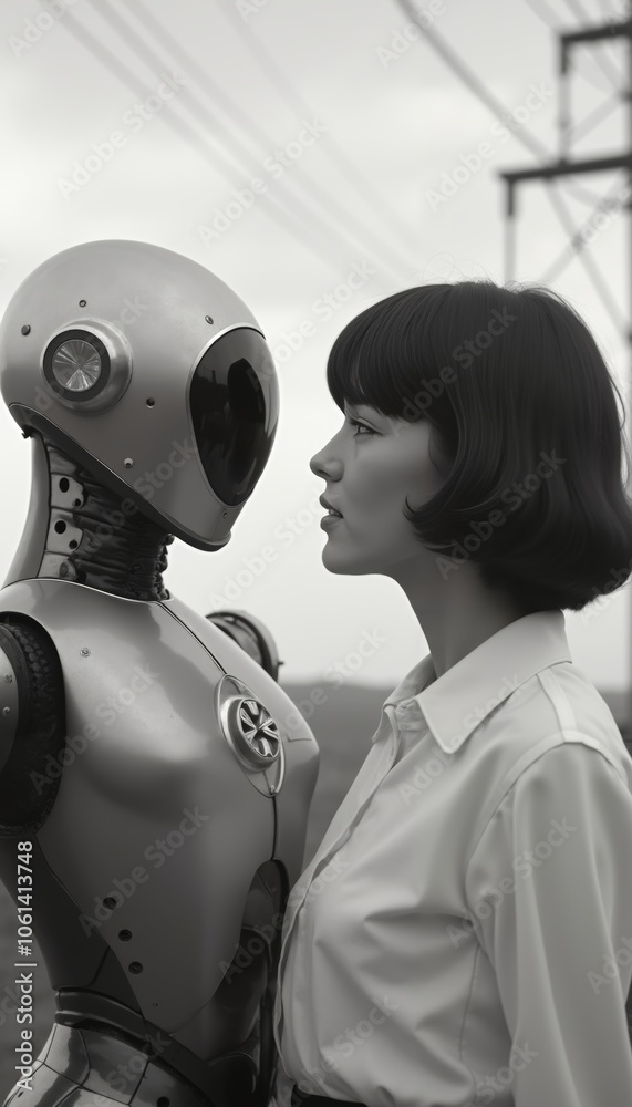 Young Woman in Blouse Engaging with Futuristic Robot Outdoors. Young Woman in Blouse Engaging with Futuristic Robot Outdoors.