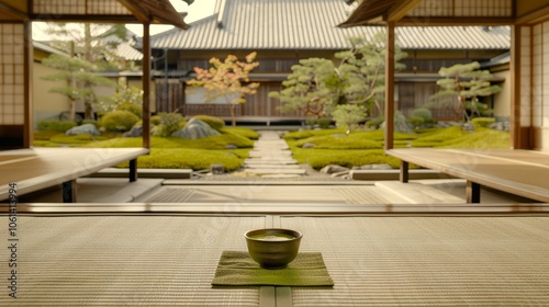 Serene japanese tea ceremony featuring freshly brewed matcha surrounded by nature and tradition photo