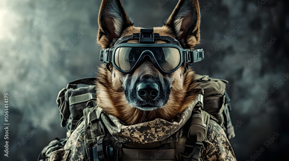 Military dog wearing tactical gear in focused stance. Role of dogs in military operations. Military dog wearing tactical gear in focused stance. Role of dogs in military operations.