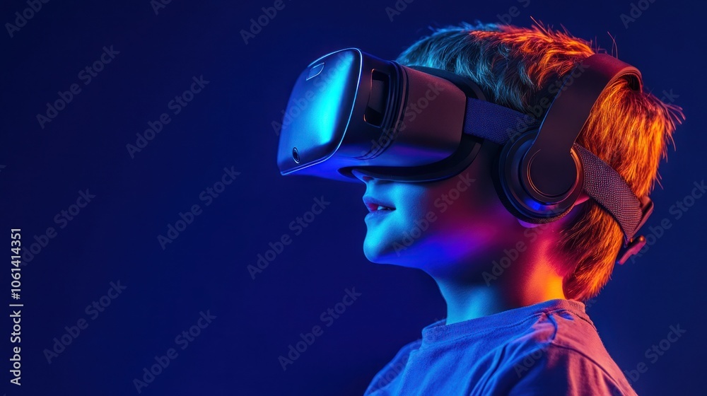A child wearing a virtual reality headset, immersed in a digital experience. A child wearing a virtual reality headset, immersed in a digital experience.