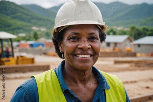 Close portrait of a smiling senior Saint Lucian woman construction worker looking at the camera, Saint Lucian outdoors construction site blurred background