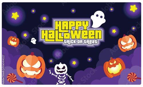 Halloween party with glowing stars and pumpkins. Cute ghosts and skulls on a purple background. Halloween Party concept. Flat vector illustration.