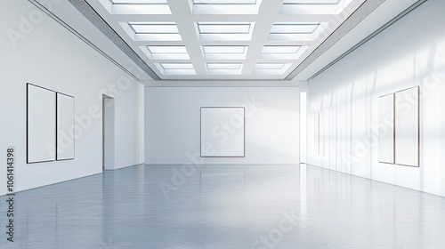 Modern art gallery with blank canvases and skylights