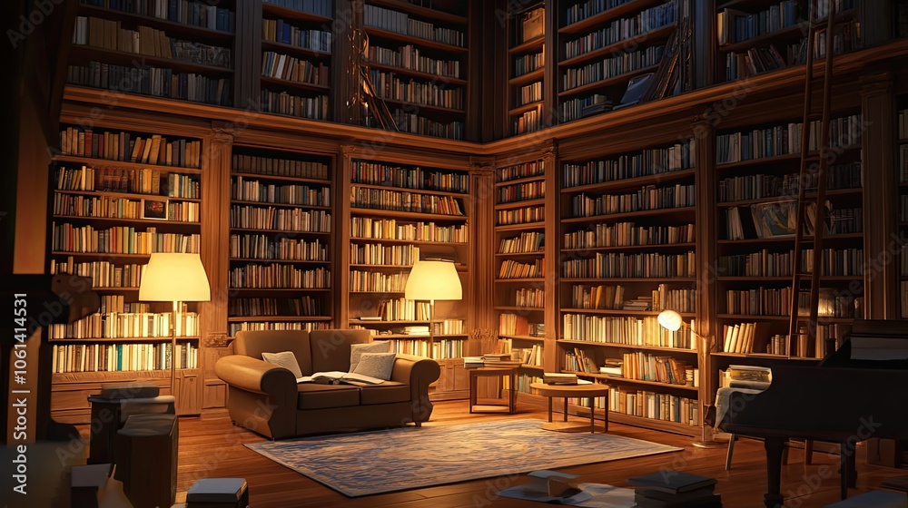 A Cozy Library Room with Bookshelves, Lamps, and a Piano A Cozy Library Room with Bookshelves, Lamps, and a Piano