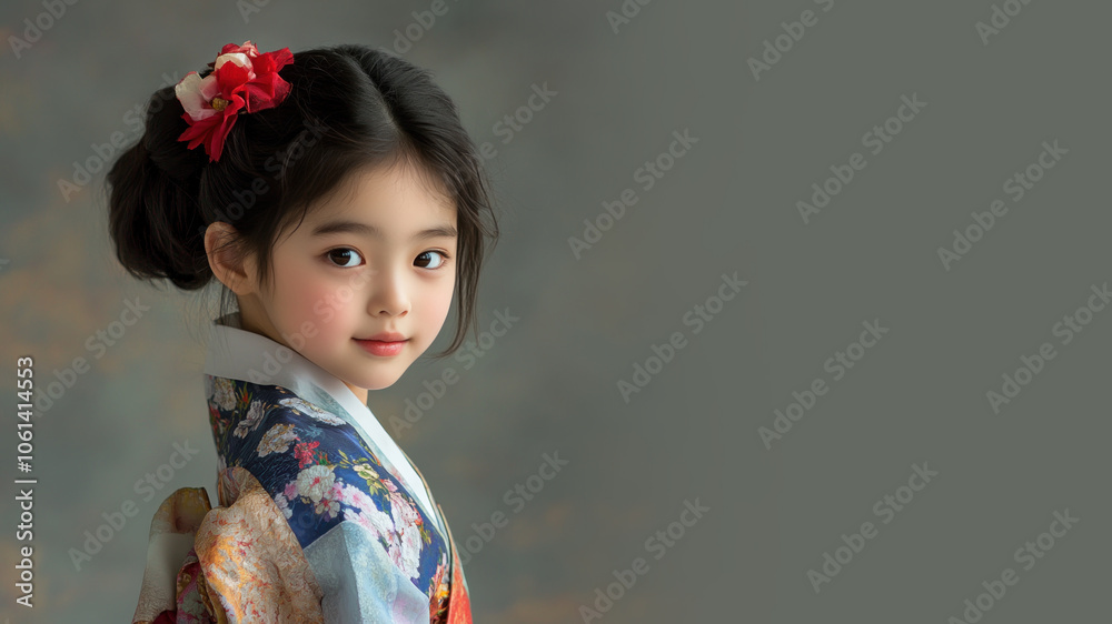 Korean little girl in traditional bunad folk costume isolated on gray