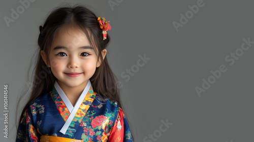 Korean little girl in traditional bunad folk costume isolated on gray