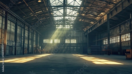 Sunlight Streaks Through the Roof of an Abandoned Industrial Building
