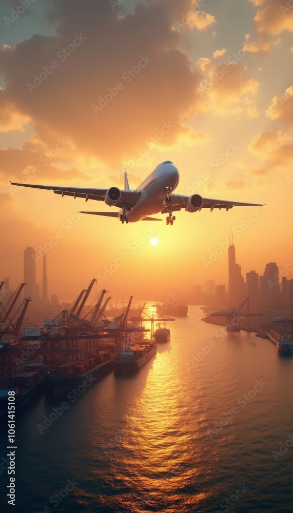 Airplane Soaring Over Busy Port at Sunset with City Skyline. Airplane Soaring Over Busy Port at Sunset with City Skyline.
