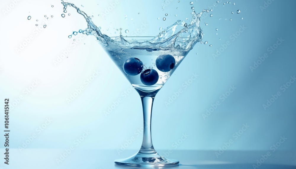 Vibrant Blueberries in a Splashing Martini Glass of Crystal-Clear Water Vibrant Blueberries in a Splashing Martini Glass of Crystal-Clear Water