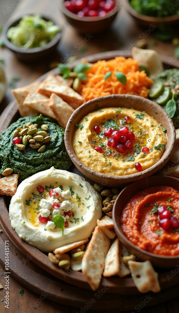 Round Plate with Five Distinct Dips and Pita Chips on Rustic Table. Round Plate with Five Distinct Dips and Pita Chips on Rustic Table.