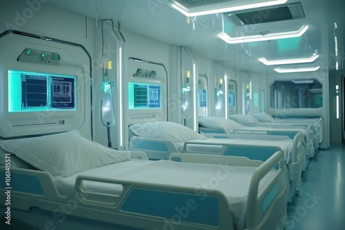 Modern Hospital Corridor with Patient Beds