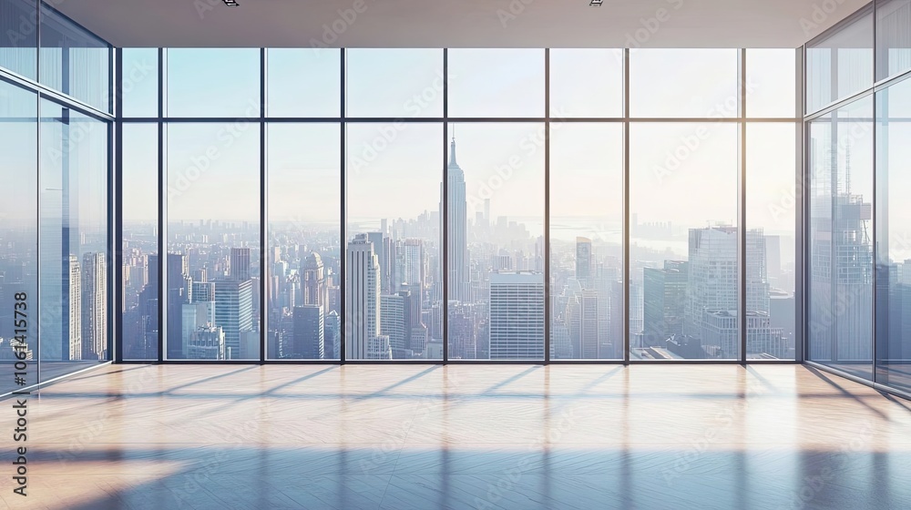 Empty Room with Large Windows Offering a Panoramic Cityscape View Empty Room with Large Windows Offering a Panoramic Cityscape View