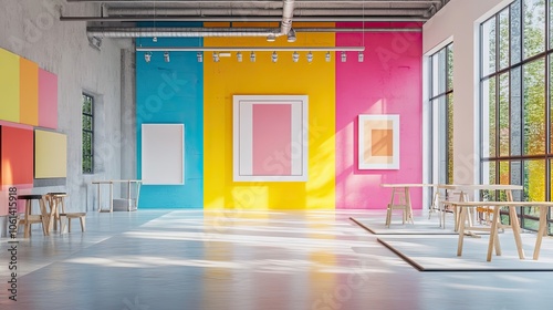 A Modern Gallery Interior with Colorful Walls, Empty Frames, and Wooden Easel Stands photo