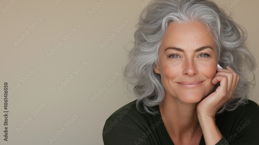 An elegant portrait of a mature woman with natural grey hair, smiling as she applies moisturizer to her face. The soft pastel beige background provides a calming backdrop with spac