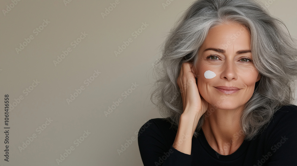 A radiant image of a smiling mature woman with stylish grey hair, applying a dab of moisturizing cream on her cheek. She stands against a pastel beige background with ample space f A radiant image of a smiling mature woman with stylish grey hair, applying a dab of moisturizing cream on her cheek. She stands against a pastel beige background with ample space f