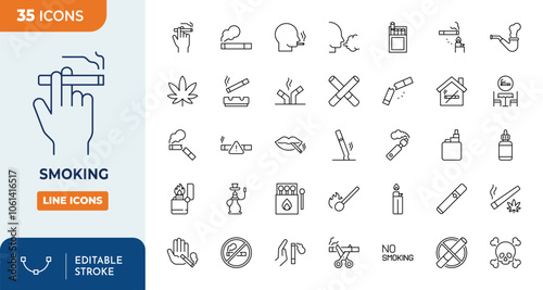 Smoking icons set. Set of editable stroke icons. Containing cigarette, cannabis, smoke, vape, cigar, ashtray, nicotine and more. Editable stroke. Vector illustration	