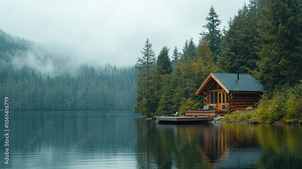 Fototapeta premium Secluded Log Cabin on a Misty Lake Surrounded by Evergreen Trees