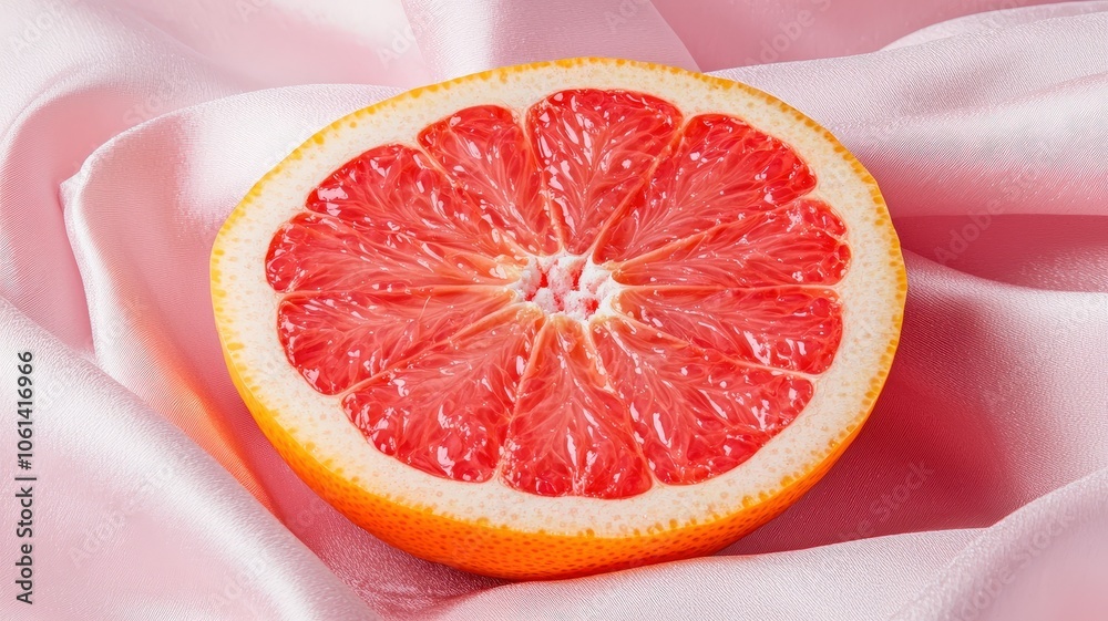 A vibrant pink grapefruit slice rests atop soft pastel fabric, showcasing its juicy texture and refreshing appeal. A vibrant pink grapefruit slice rests atop soft pastel fabric, showcasing its juicy texture and refreshing appeal.