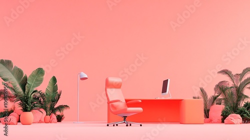 solid color space, modern office scene, The scene is filled with non realistic elements,with a boss chair in the scene conceptual installation features hyper-realistic sculptures against a pink backgr photo