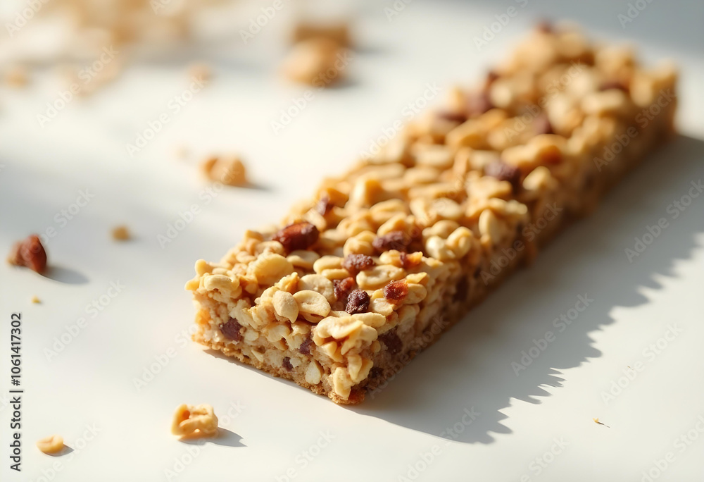 Granola bar with nuts and dried fruits on light background, showcasing healthy snack option. Perfect for energy boosts and nutritious eating Granola bar with nuts and dried fruits on light background, showcasing healthy snack option. Perfect for energy boosts and nutritious eating