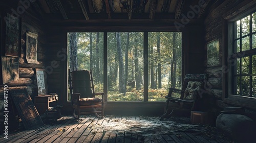 A Rustic Cabin Interior with Forest View and Two Chairs