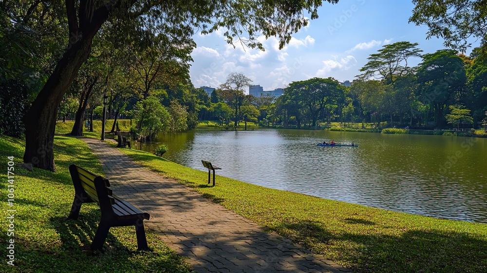 Tranquil Park Scene with Bench and Kayakers on a Lake Tranquil Park Scene with Bench and Kayakers on a Lake