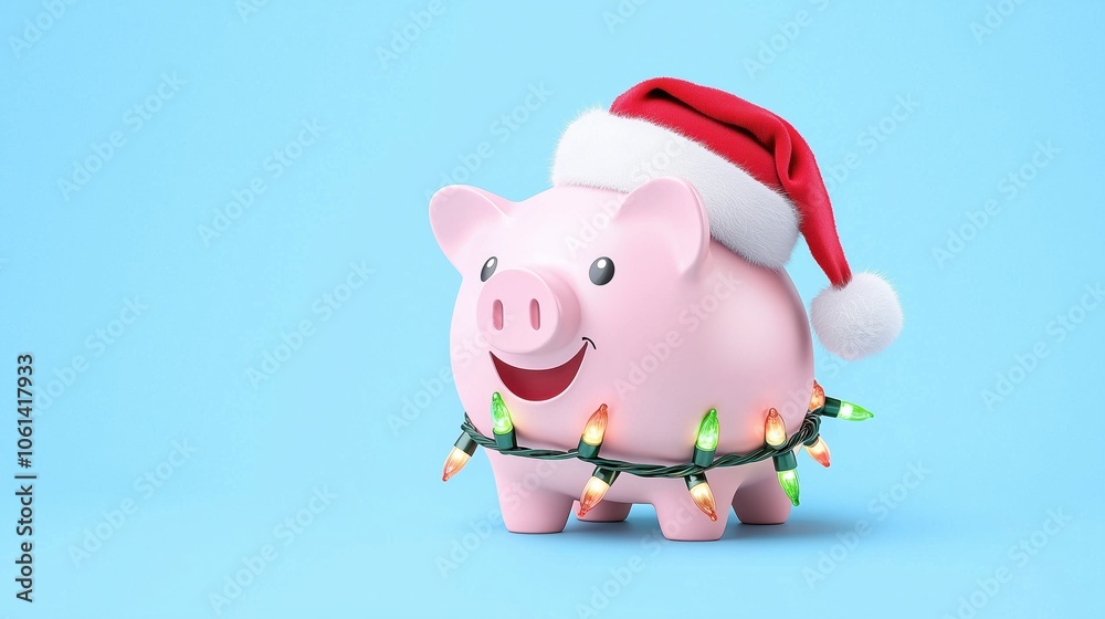 Festive piggy bank wearing a Santa hat wrapped in colorful Christmas lights, symbolizing holiday savings, joyful financial planning, and seasonal cheer.
