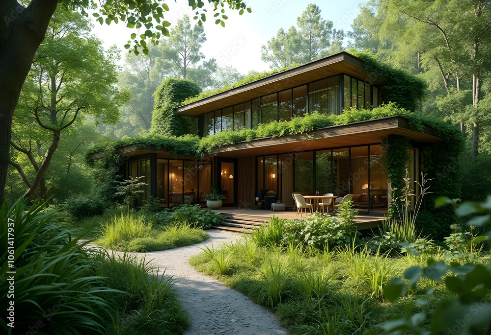 modern house surrounded by lush greenery and trees, featuring large windows and wooden deck. serene environment creates peaceful atmosphere, perfect for relaxation modern house surrounded by lush greenery and trees, featuring large windows and wooden deck. serene environment creates peaceful atmosphere, perfect for relaxation