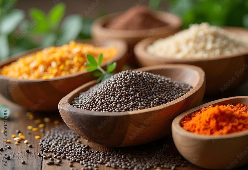 Natural spices and seeds in wooden bowls, showcasing vibrant colors and textures. arrangement highlights diversity of culinary ingredients, creating warm and inviting atmosphere Natural spices and seeds in wooden bowls, showcasing vibrant colors and textures. arrangement highlights diversity of culinary ingredients, creating warm and inviting atmosphere