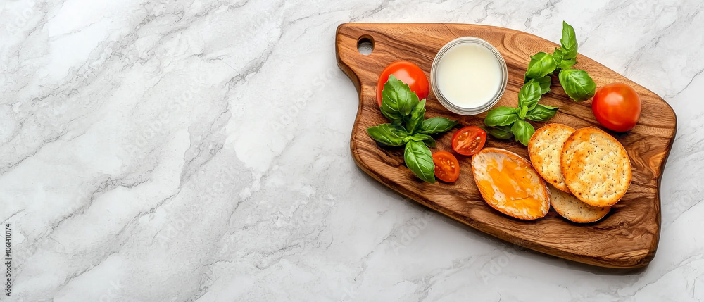 wooden board with fresh tomatoes, basil, cheese, and glass of milk on marble surface wooden board with fresh tomatoes, basil, cheese, and glass of milk on marble surface