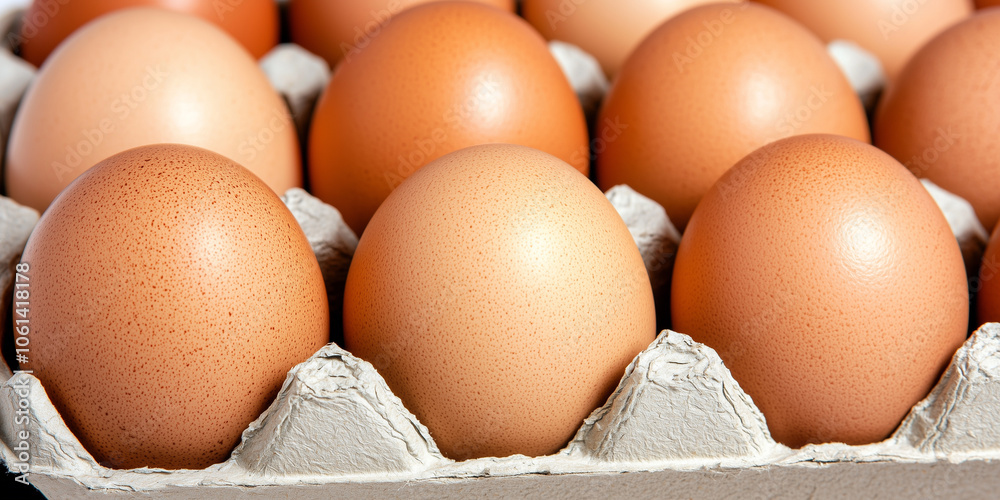 Fresh organic eggs in carton with straw, showcasing their natural brown color Fresh organic eggs in carton with straw, showcasing their natural brown color