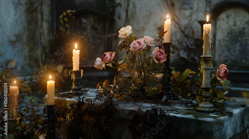 A grave adorned with withered blooms and fading candles. photo