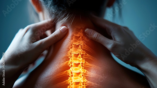 Image illustrating neck pain, featuring a glowing graphic of the spine highlighting discomfort and tension. Female figure massaging neck to relieve stress.