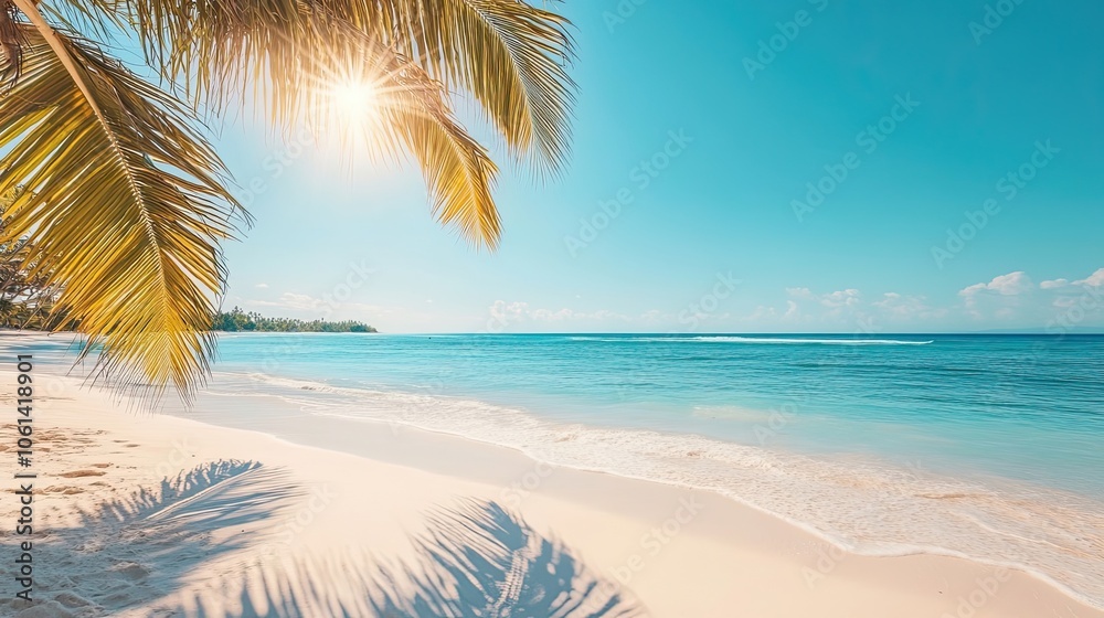 Fototapeta premium Palm Frond Overlooking a Tranquil Tropical Beach