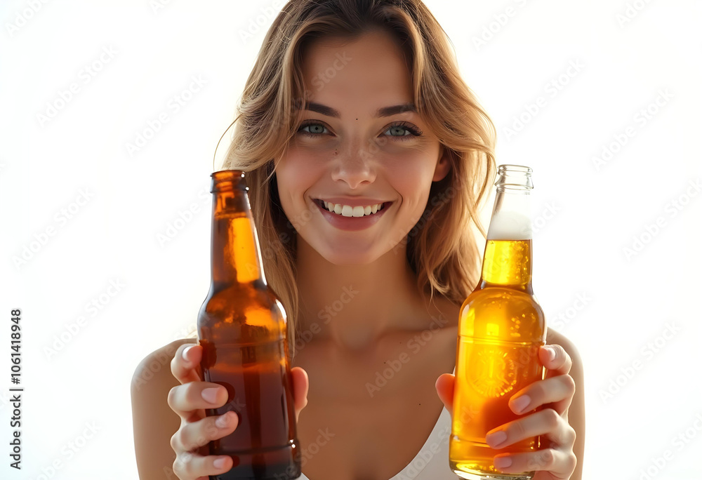 woman holding two bottles of beer, smiling brightly with cheerful expression. background is bright and minimalistic, emphasizing her joyful demeanor