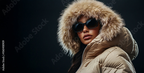A fashionable woman in  sunglasses and a winter coat on a black background, copy space