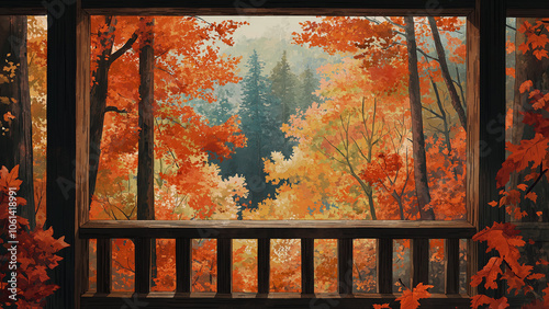 Balcony with forest view. Illustrations that look like a scene from an anime or game. Blue sky, sun, clouds, sunset, night, fog, snow, rain, autumn, cherry blossoms, etc.