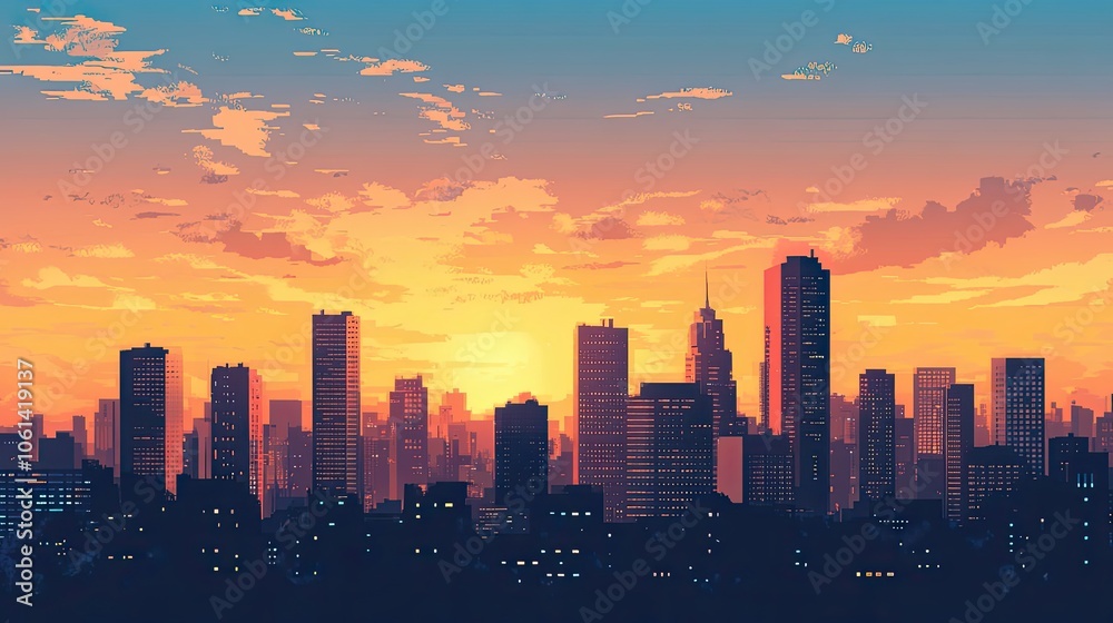Fototapeta premium Sunset Skyline Over a City with Tall Buildings