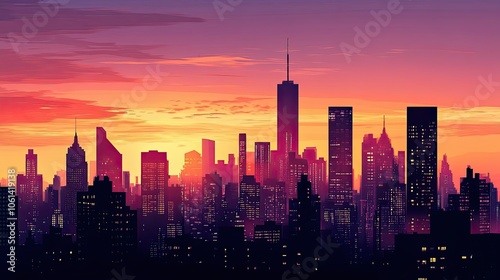 City Skyline at Sunset with Vibrant Colors and Illuminated Windows