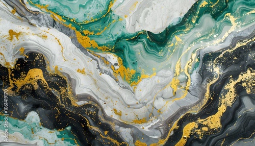 Abstract fluid art featuring swirling colors and gold accents.