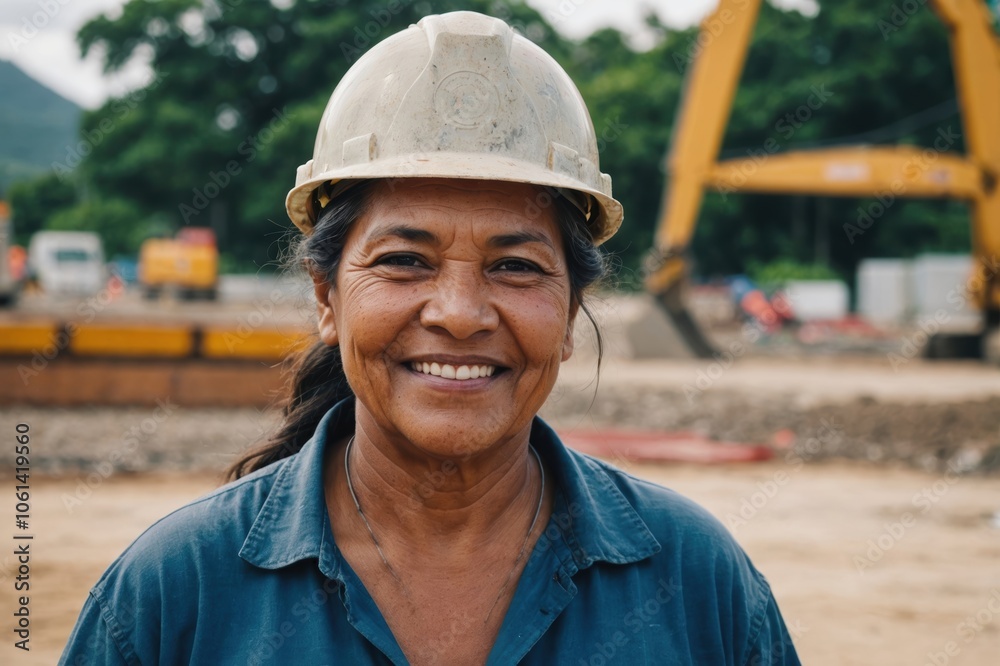 Close portrait of a smiling senior Tuvaluan woman construction worker looking at the camera, Tuvaluan outdoors construction site blurred background Close portrait of a smiling senior Tuvaluan woman construction worker looking at the camera, Tuvaluan outdoors construction site blurred background