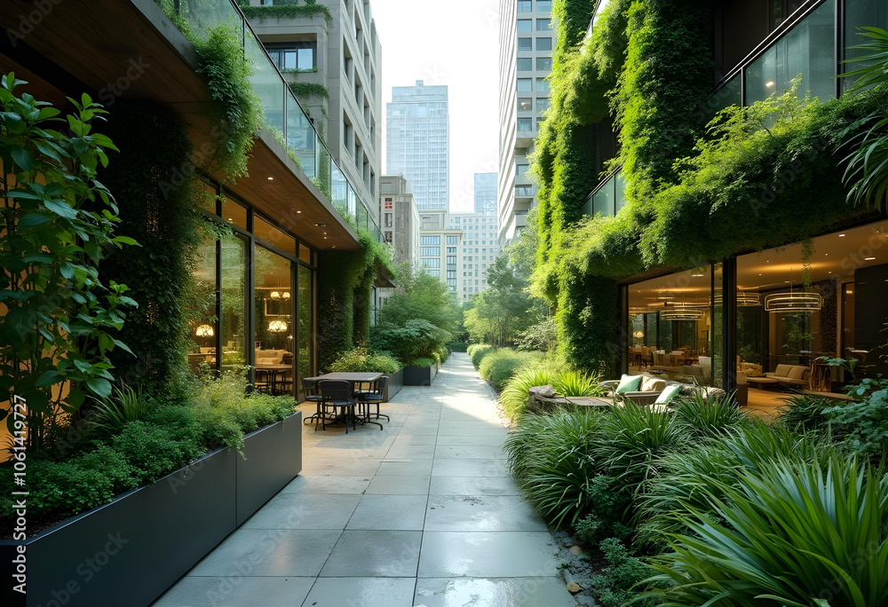 serene urban garden with lush greenery and modern architecture, featuring pathways and seating areas, creating peaceful retreat in city serene urban garden with lush greenery and modern architecture, featuring pathways and seating areas, creating peaceful retreat in city
