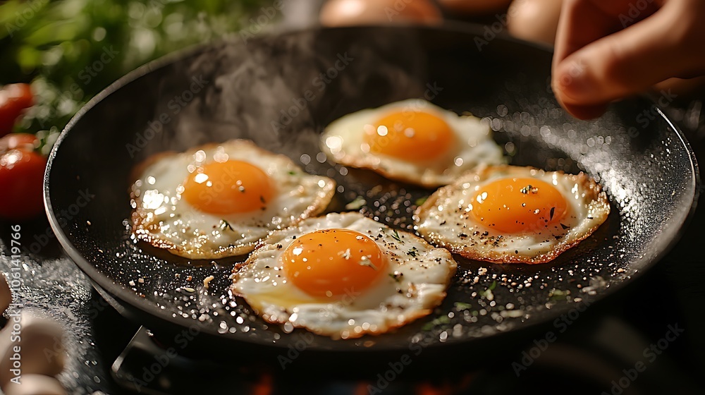 Person is cooking sunny-side-up eggs in the pan Person is cooking sunny-side-up eggs in the pan