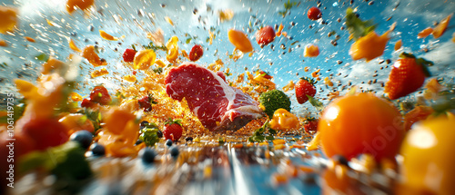 vibrant explosion of fresh ingredients, including tender cuts of meat, colorful vegetables, and fruits, captured in mid air against bright blue sky, creating dynamic and lively scene photo