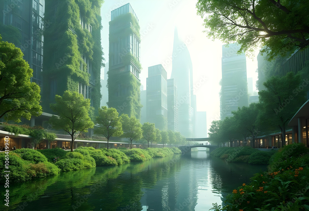 serene urban landscape featuring modern skyscrapers adorned with greenery, reflecting in calm river. Lush trees and vibrant flowers enhance tranquil atmosphere serene urban landscape featuring modern skyscrapers adorned with greenery, reflecting in calm river. Lush trees and vibrant flowers enhance tranquil atmosphere