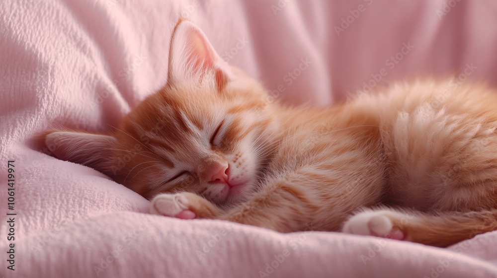 Adorable Kitten Sleeping Soundly on Pink Blanket Adorable Kitten Sleeping Soundly on Pink Blanket