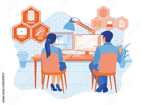 Two entrepreneurs are discussing digital marketing. Place advertisements on social media. Marketing concept. Flat vector illustration.