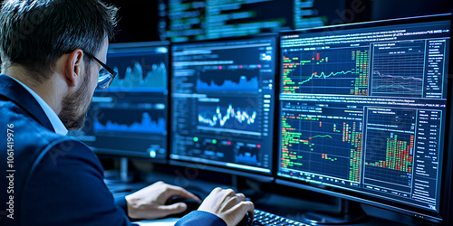 person analyzing financial data on multiple computer screens in modern office. screens display various charts and graphs, indicating stock market trends and data analytics