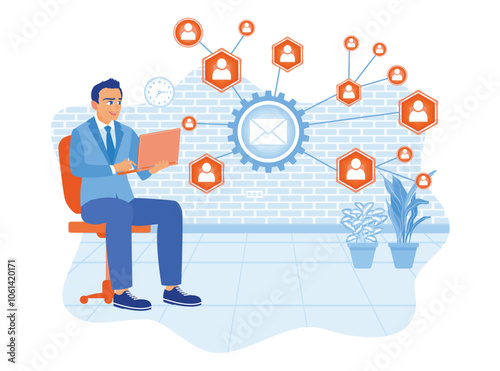 Businessman creates a list of clients for mailing. Add clients to increase sales targets. Marketing concept. Flat vector illustration.