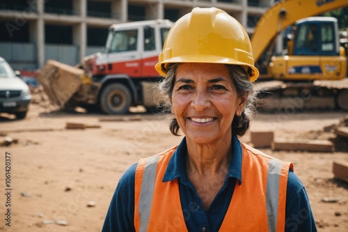 Close portrait of a smiling senior Venezuelan woman construction worker looking at the camera, Venezuelan outdoors construction site blurred background